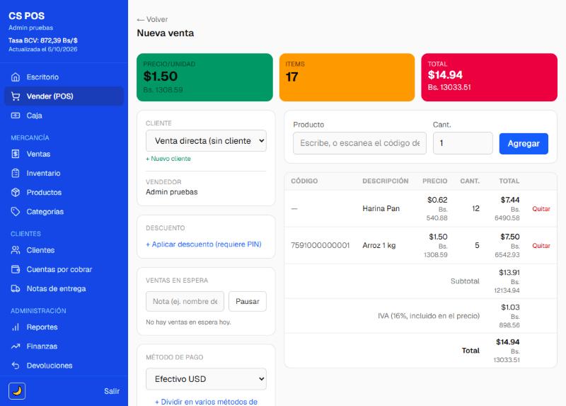 CS POS en computadora: pantalla de venta con carrito, IVA y total en dólares y bolívares